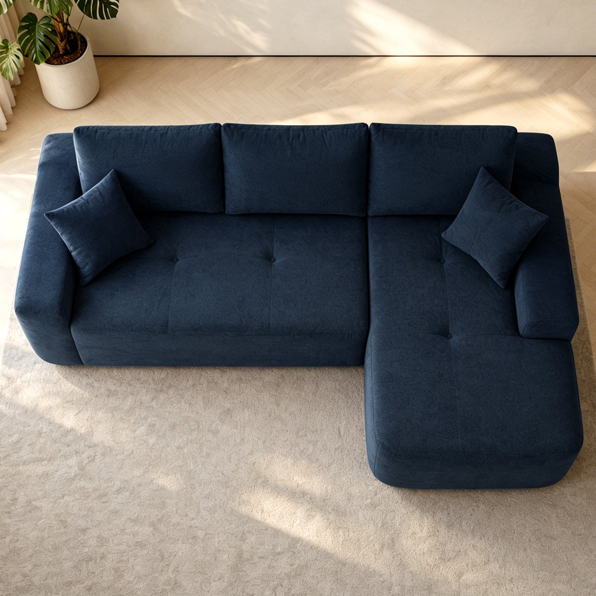 Blue Linen L-Shaped Modular Sectional, 85 in Wide, Right-Facing