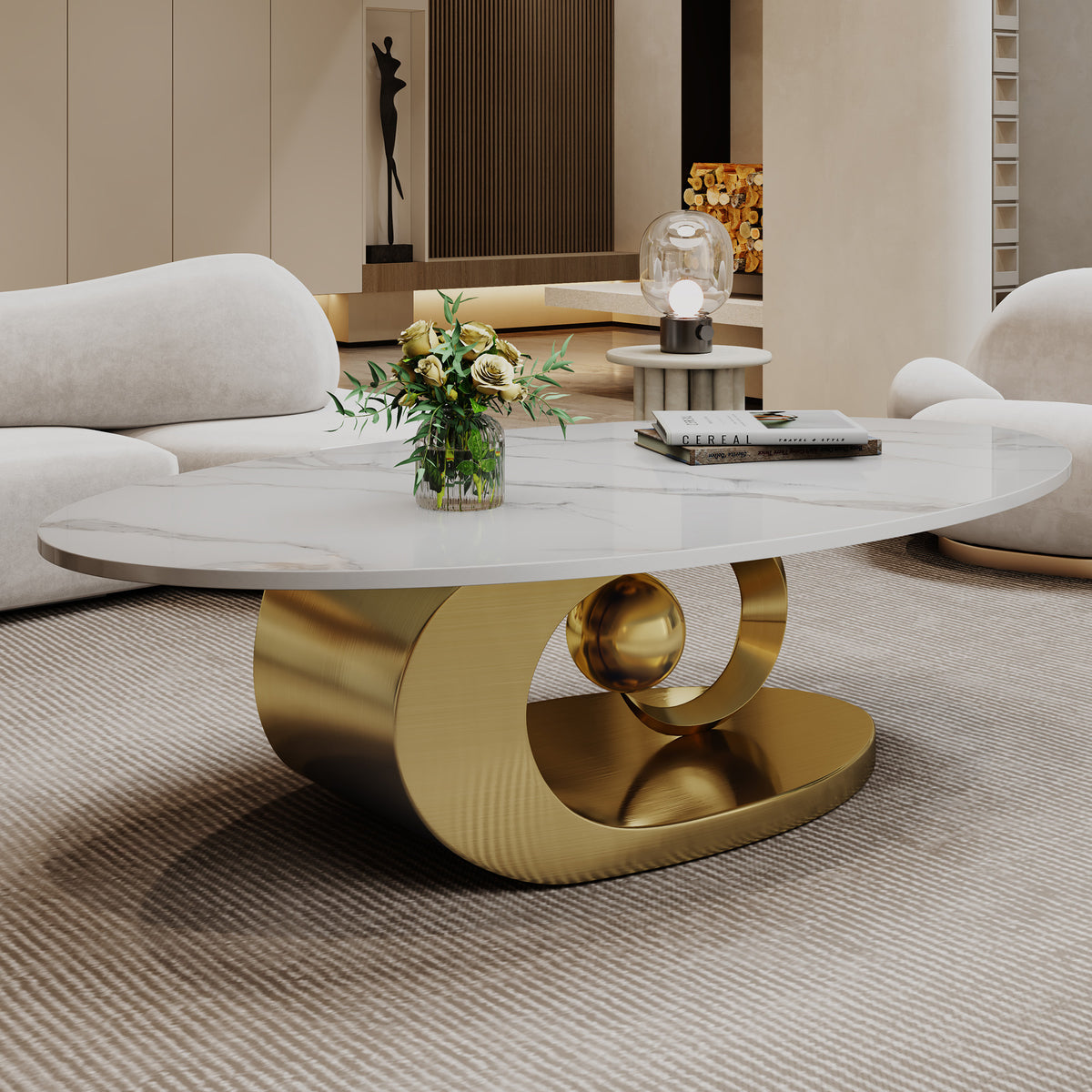 Gold Sintered Stone Oval Coffee Table, 49.2 in, Fine Gray Veining