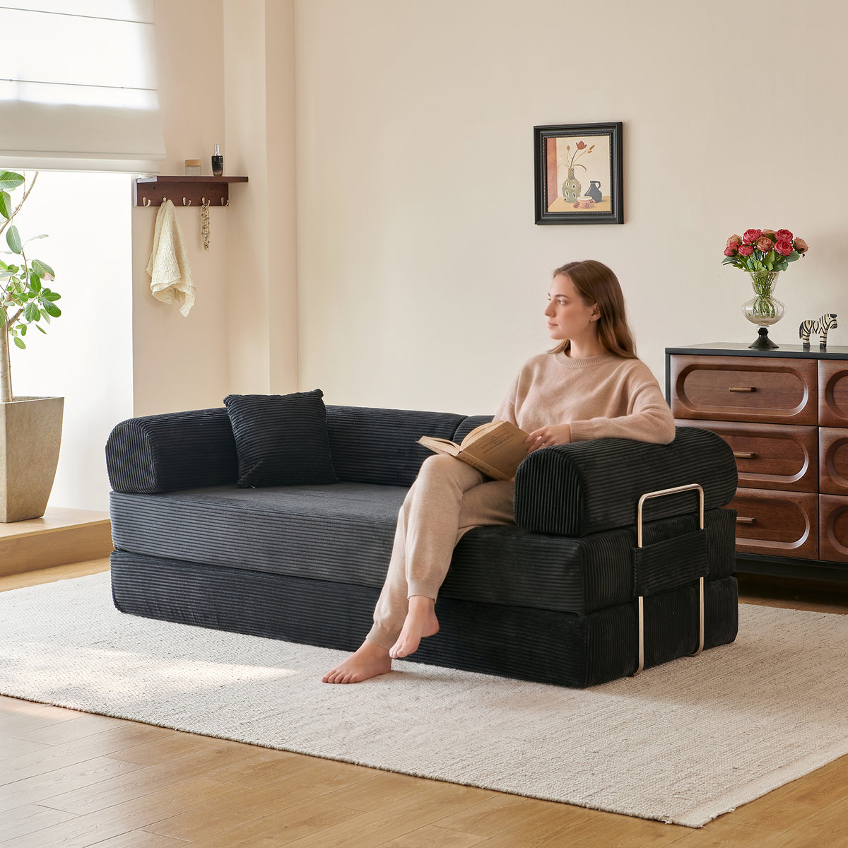 Black Corduroy Modular Sleeper Sectional, 78.8 in Wide