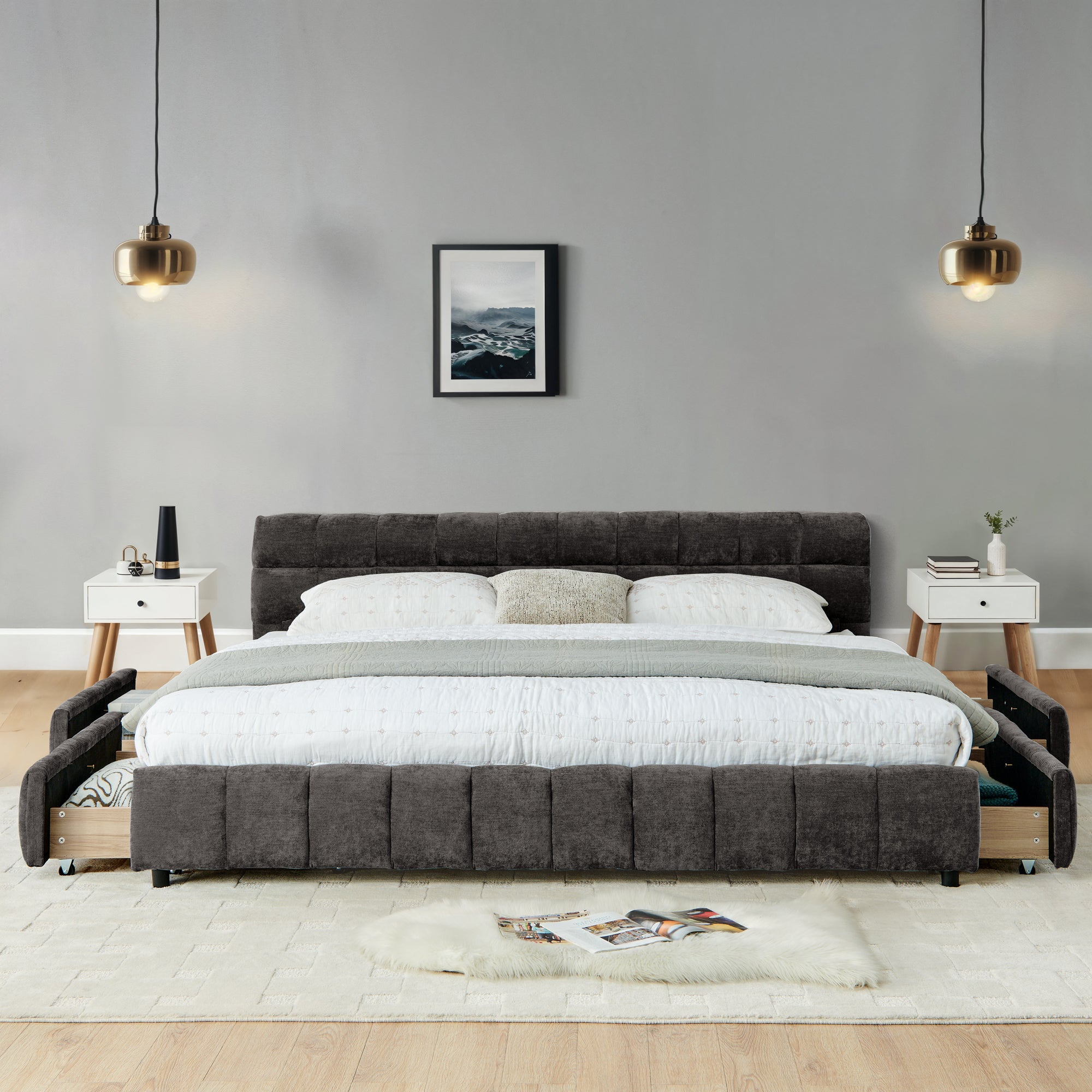 California King chenille bed frame with pendant lights and plants