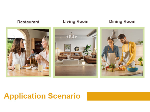 Feature graphic titled application scenario with restaurant, living room and dining room photos
