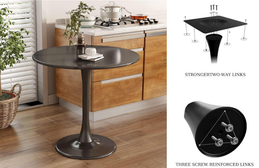 Round black tulip table lifestyle photo beside diagrams of its two-way and three-screw links