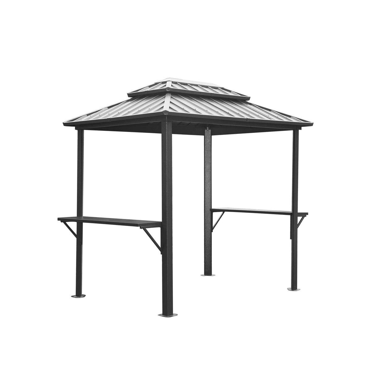 6x8 ft Gray Metal Double Roof Hardtop Gazebo with Side Shelves