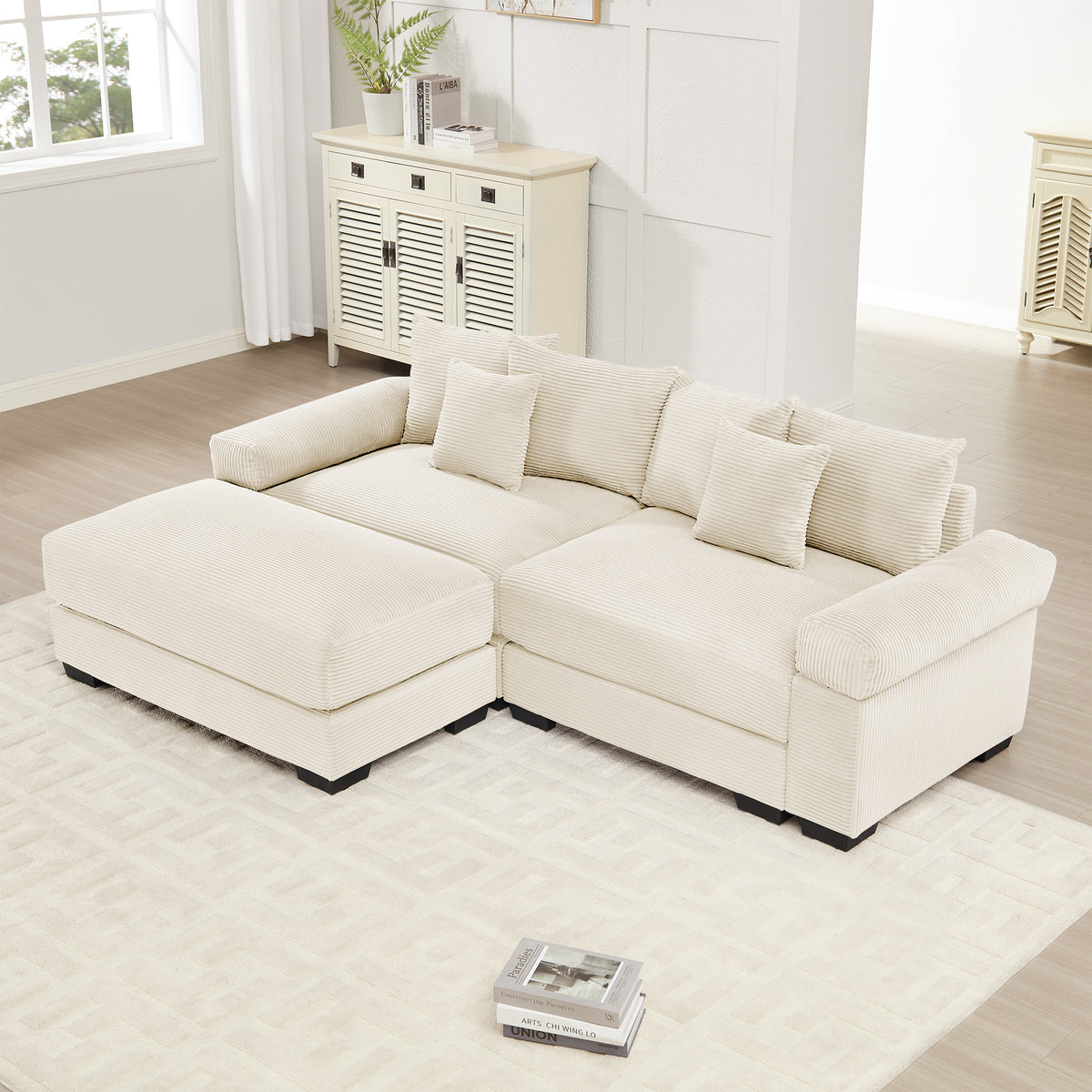 Cream Corduroy L-Shaped Modular Sectional with Ottoman, 92 in Wide