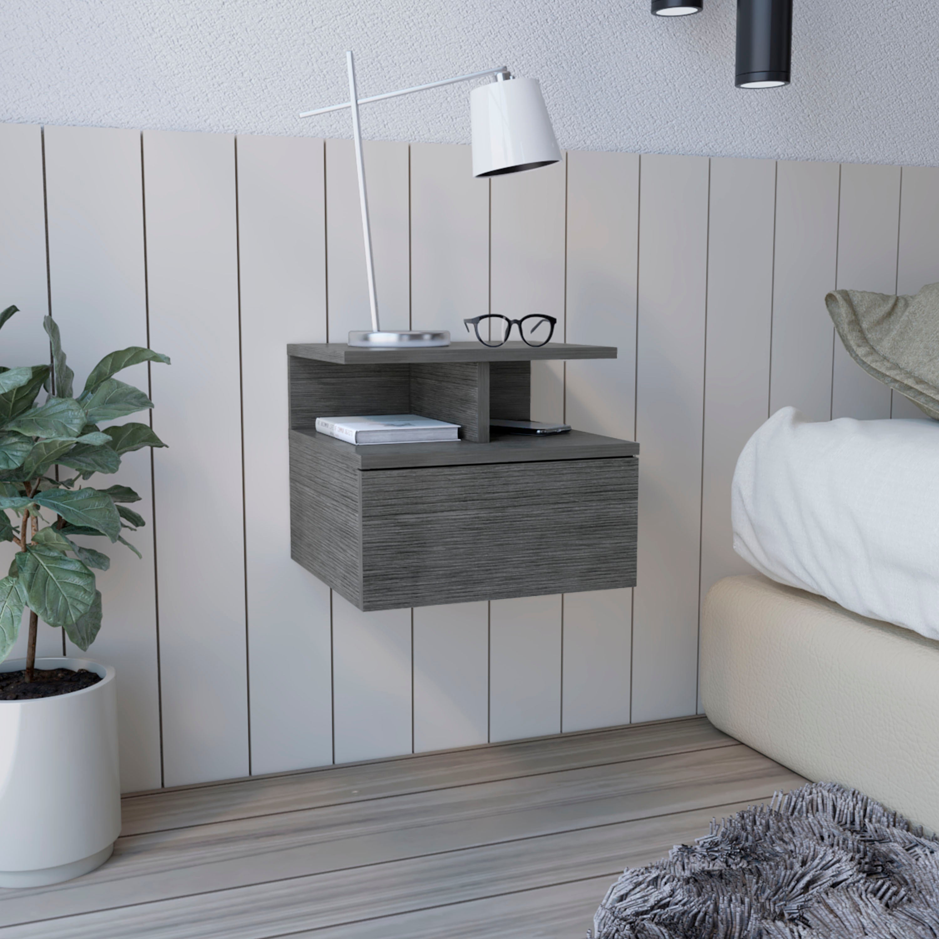 Floating Nightstand with Drawer, Wall Mounted, Smoke Grey