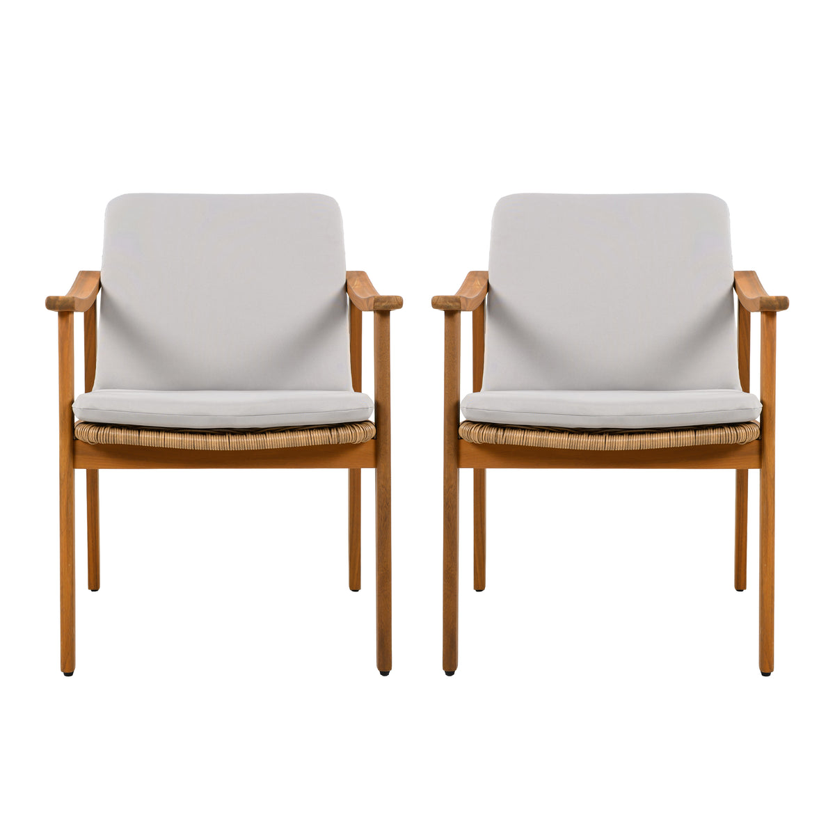 Teak Finish Solid Wood Outdoor Dining Chair, Set of 2, Gray Cushion
