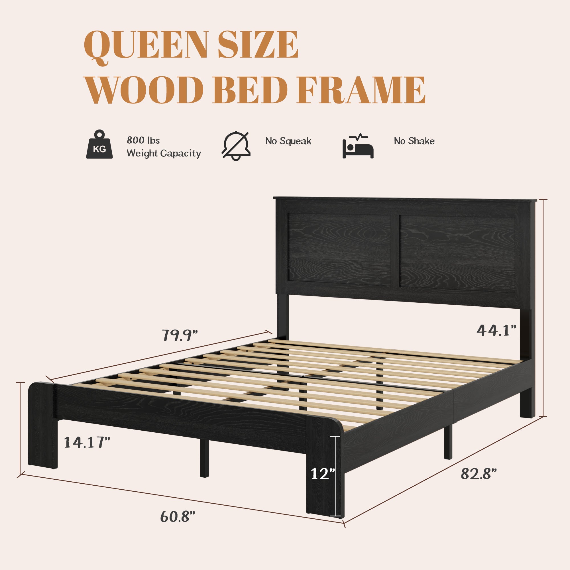 Dimension diagram of the queen metal bed frame: 82.8 in long, 60.8 in wide, 800 lb capacity, no squeak