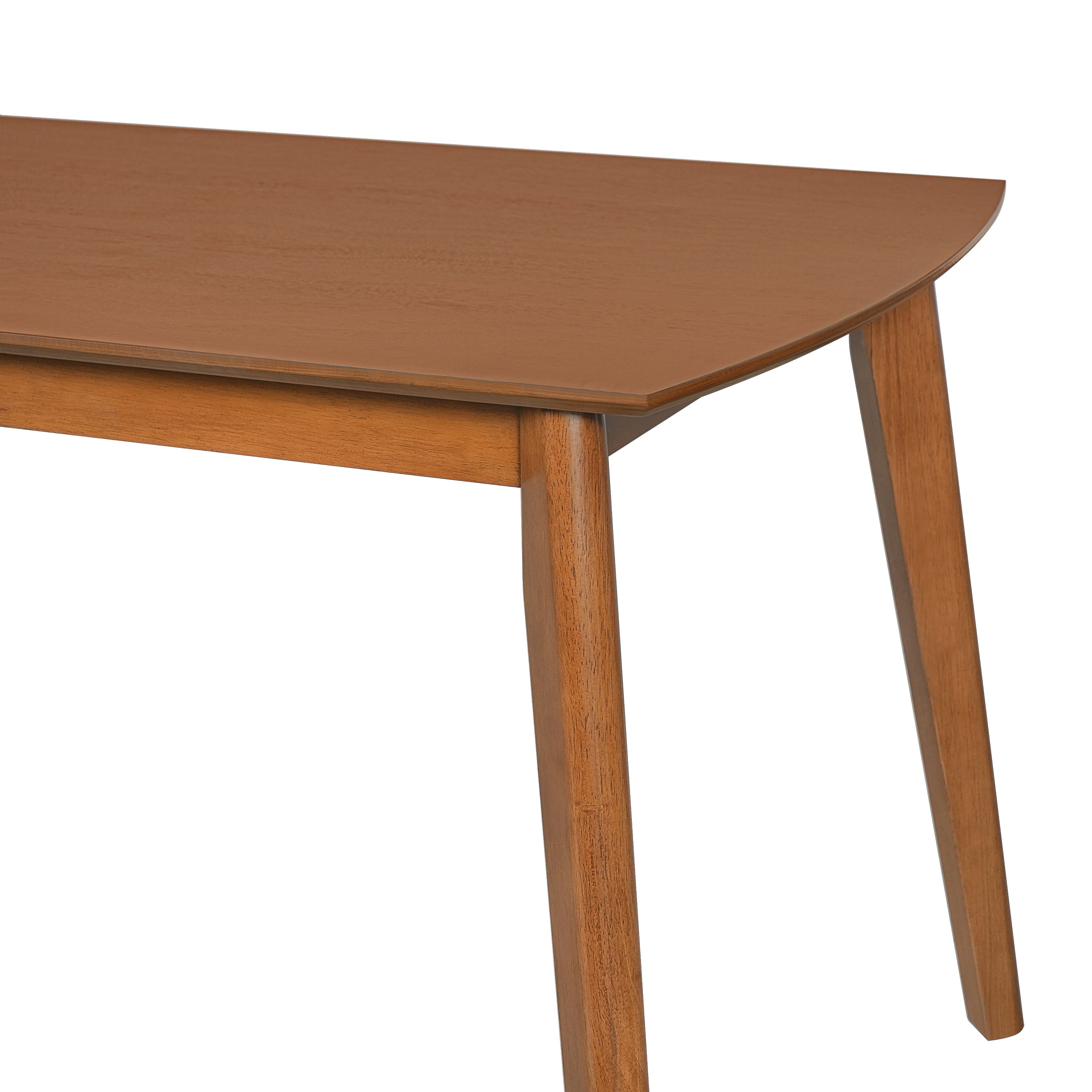 Close-up of a rounded tabletop corner and tapered leg on the brown dining table, white background