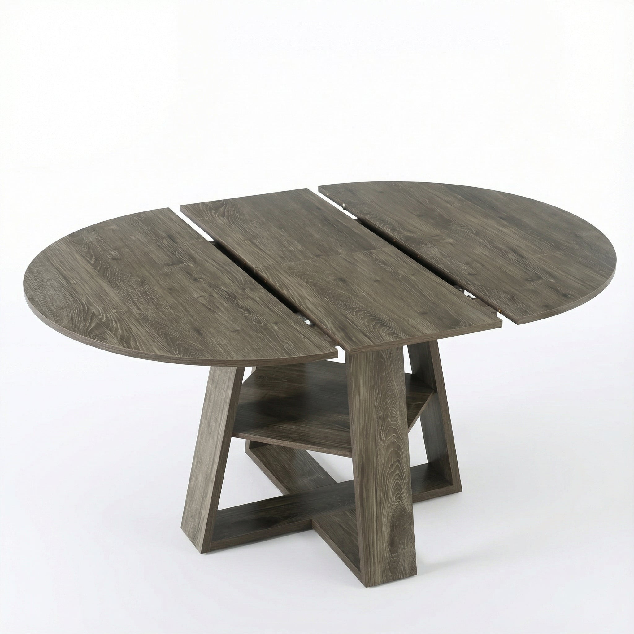 Overhead studio view of the gray table opened with the center leaf in place