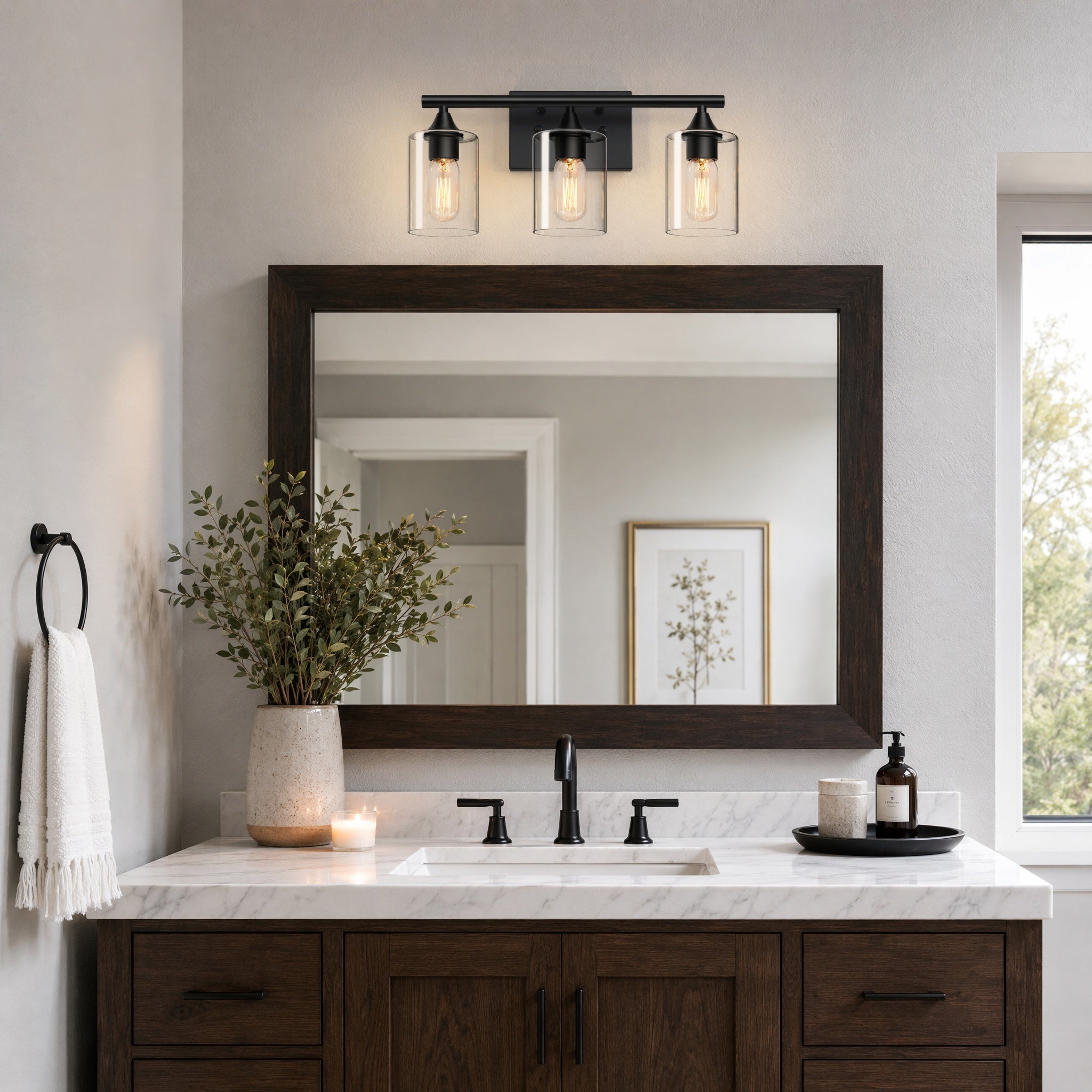 Vanity Light, 3-Light Iron with Glass Shades, Black