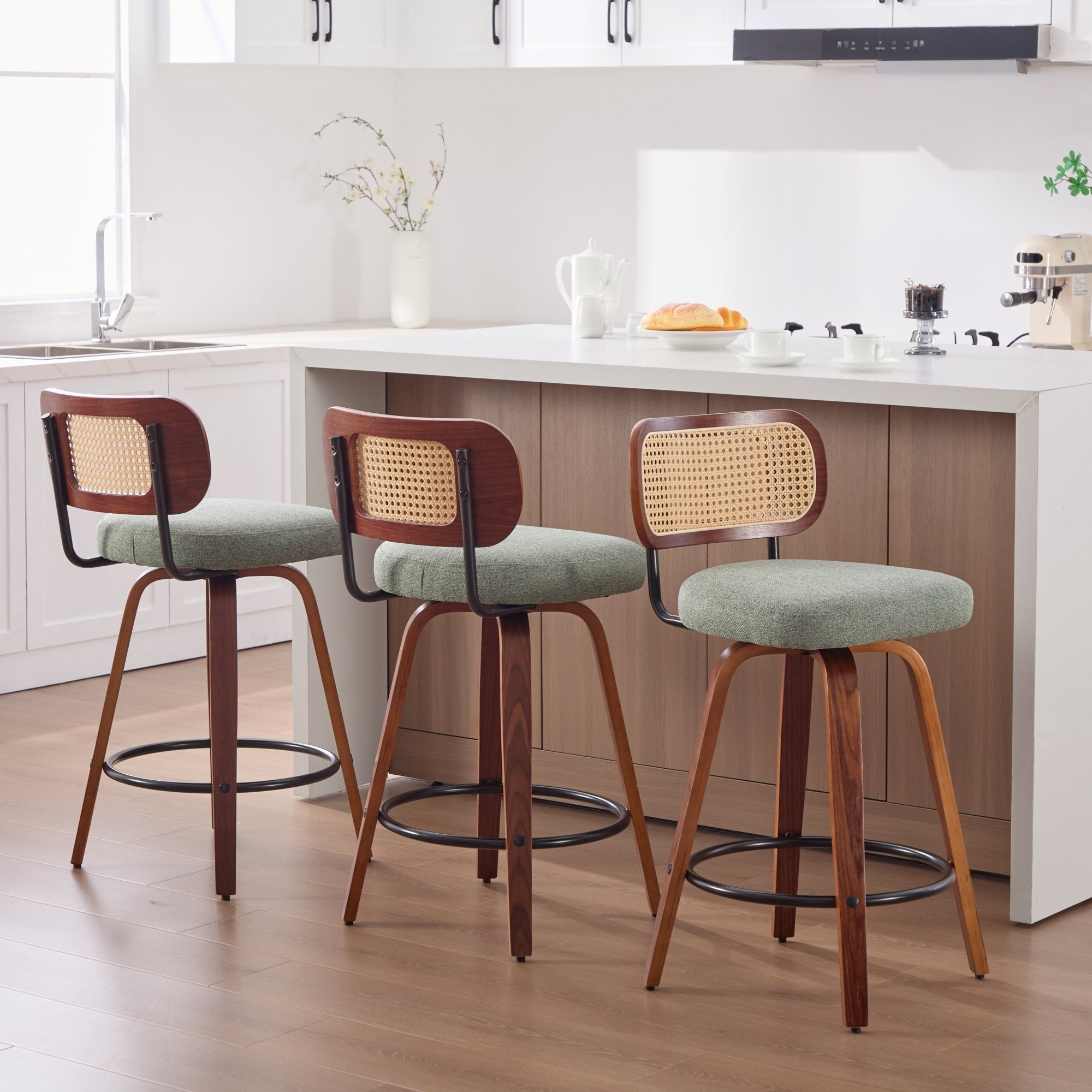 Cane-Back Counter Stool Set of 3, Sage Green Linen, Walnut Swivel