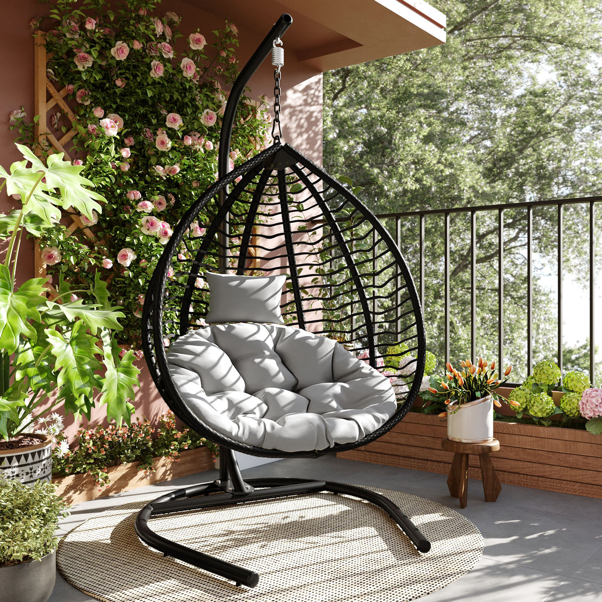 Wicker Folding Hanging Egg Chair with Stand, Black and Gray