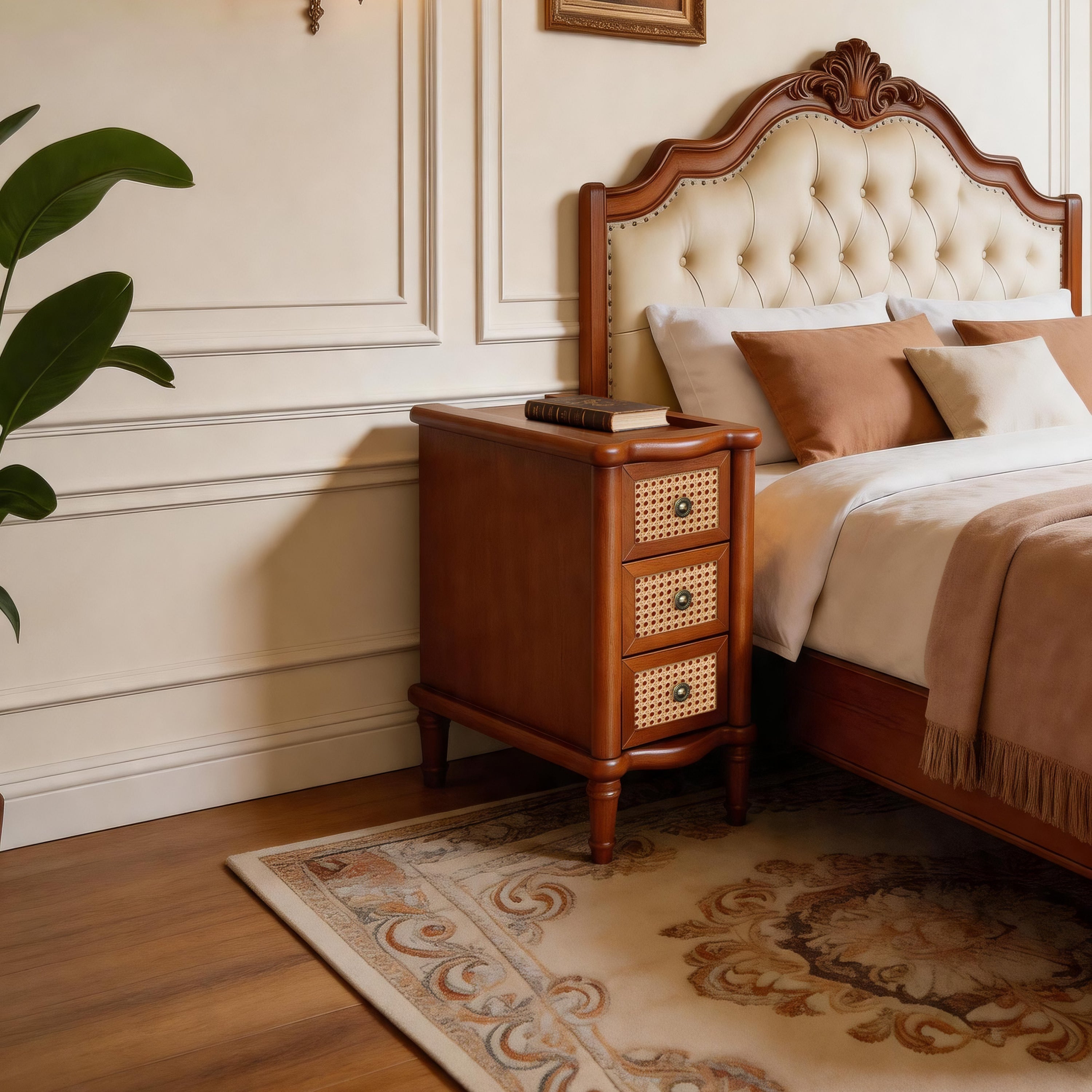 Slim Rattan Nightstand with 3 Drawers, Light Walnut