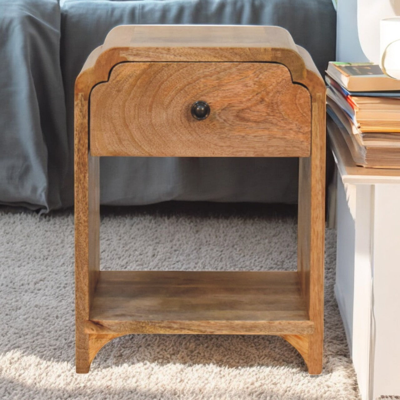 Small Nightstand with Drawer and Open Shelf, Solid Mango Wood