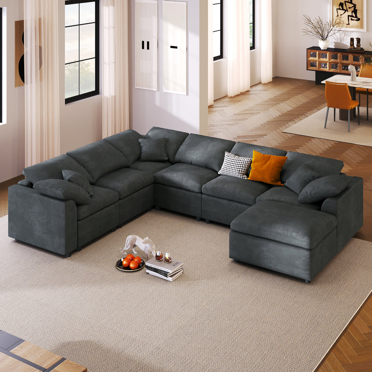 Gray Chenille L-Shaped Modular Sectional with Ottoman, 120.9 in Wide