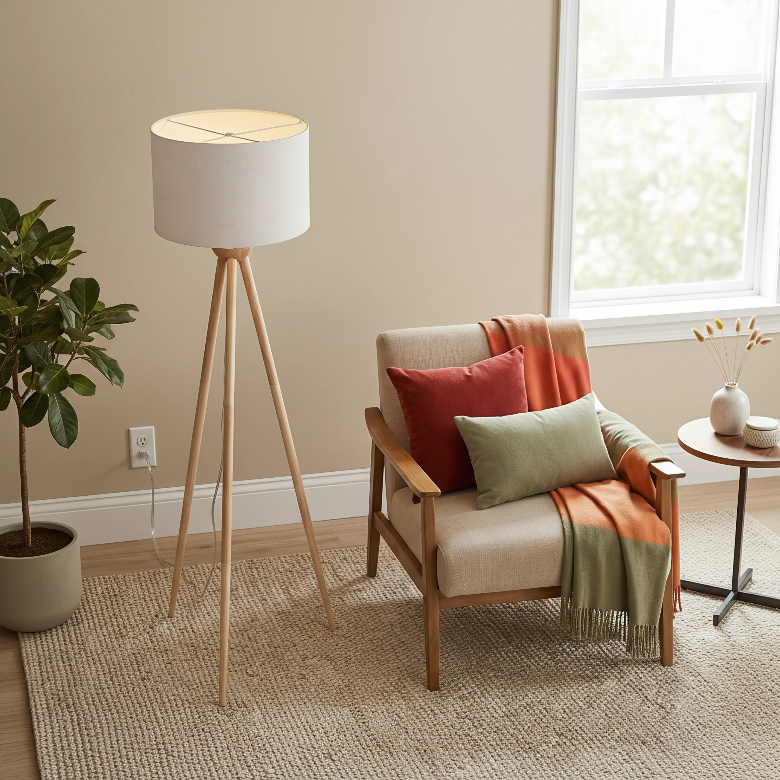 Floor Lamp with Three-Leg Wood Base, Brown Finish