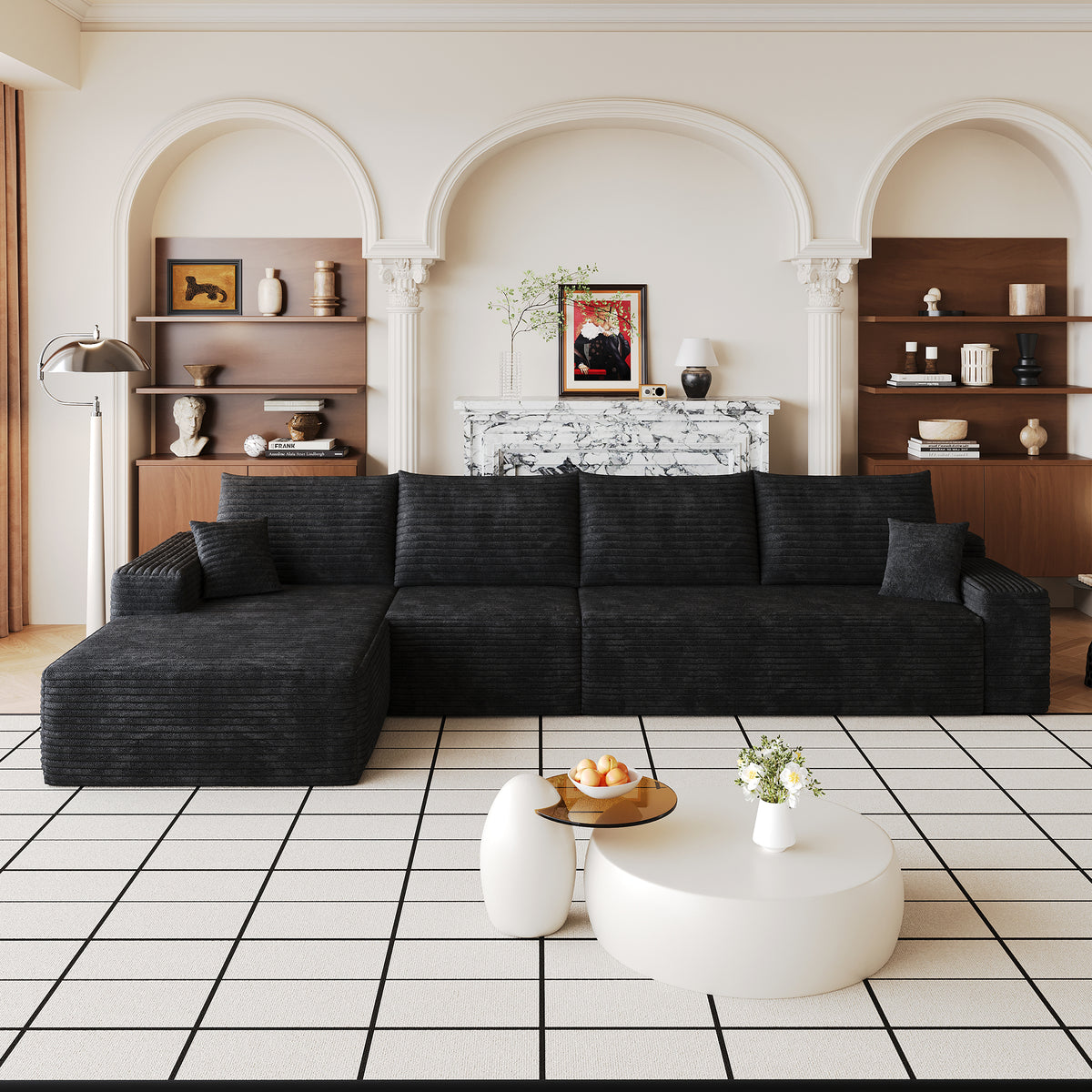 Black Corduroy L-Shaped Modular Sectional, 135 in Wide, Left-Facing