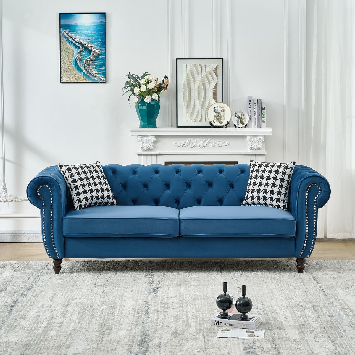 Blue Velvet 3-Seat Couch, 85 in Wide