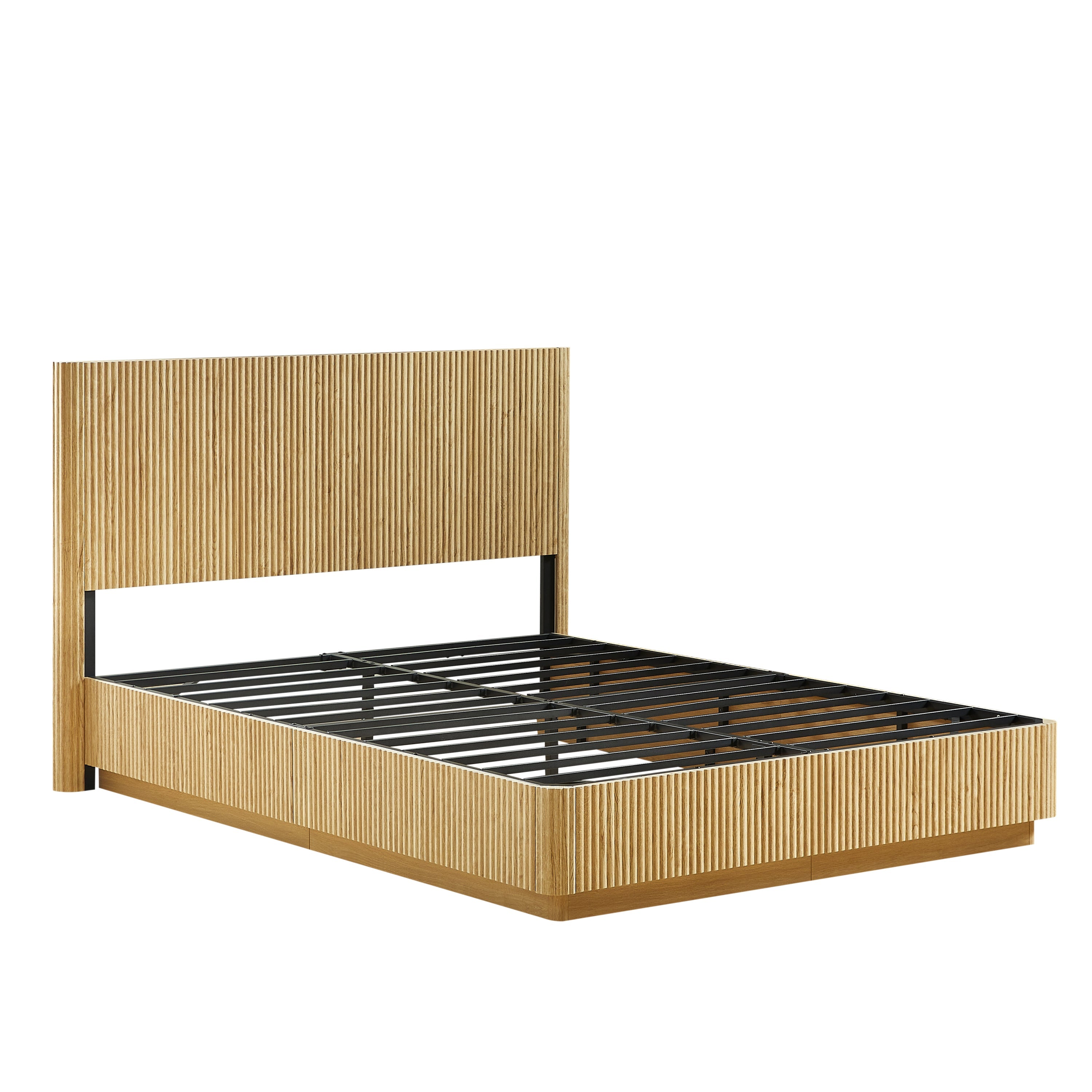 Studio angled view of light oak fluted queen bed frame with bare black metal slats, no mattress #Color_Oak