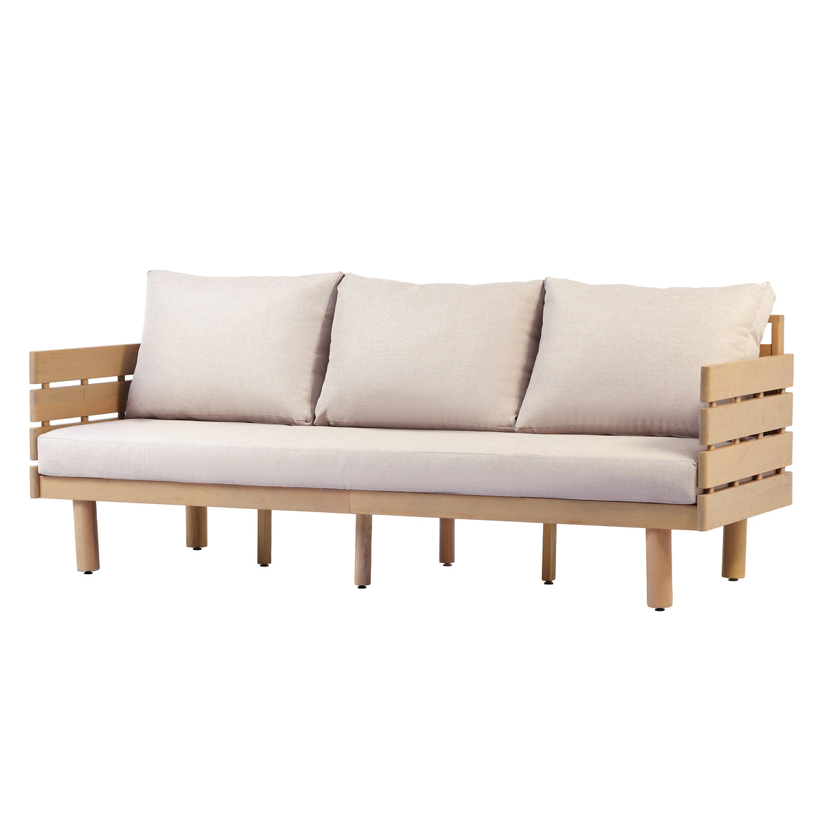 Teak Finish Solid Wood Outdoor Sofa for 3 with Cushions, 70.9 in Wide