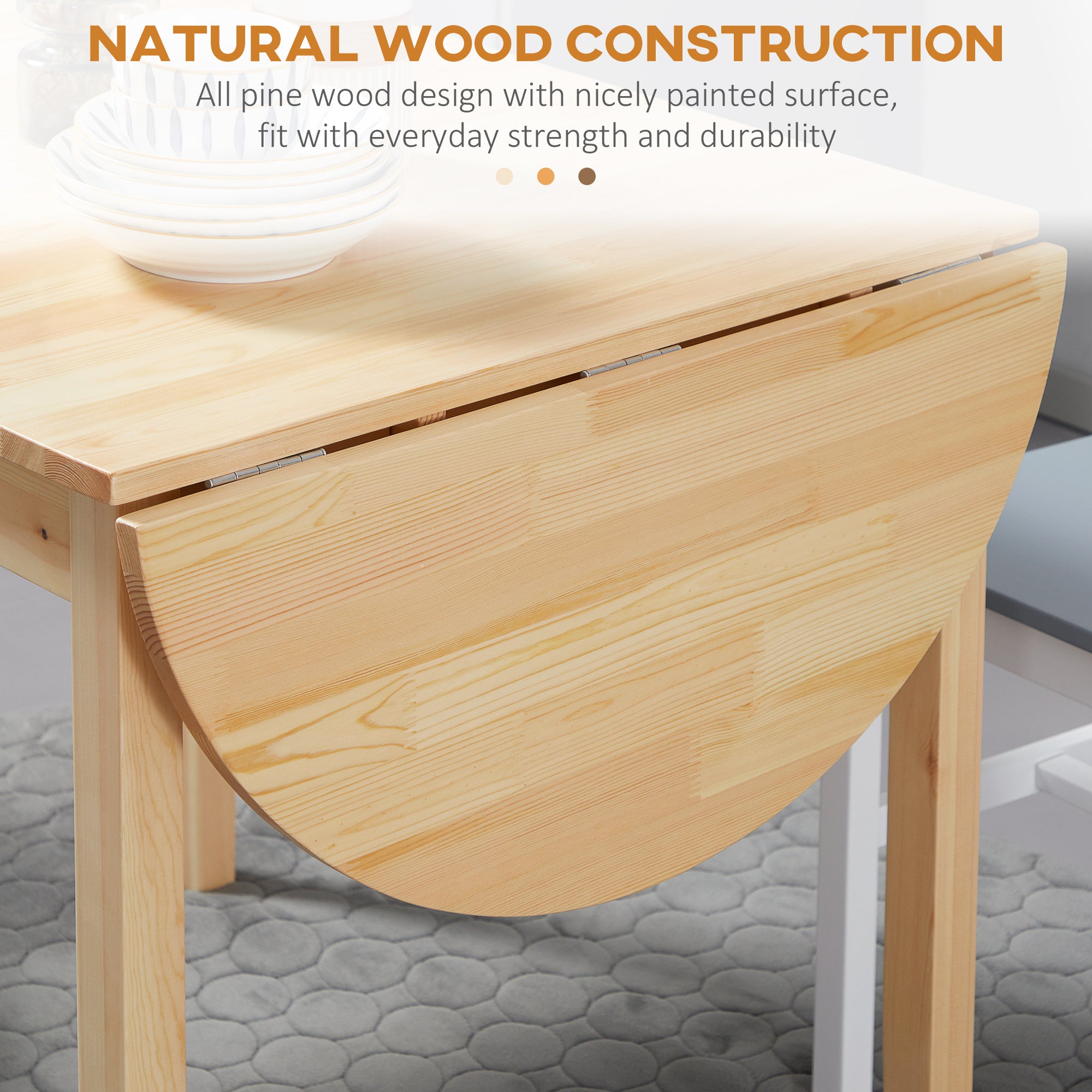 Close-up of the pine drop-leaf tabletop and metal hinge, feature graphic labeled Natural Wood Construction