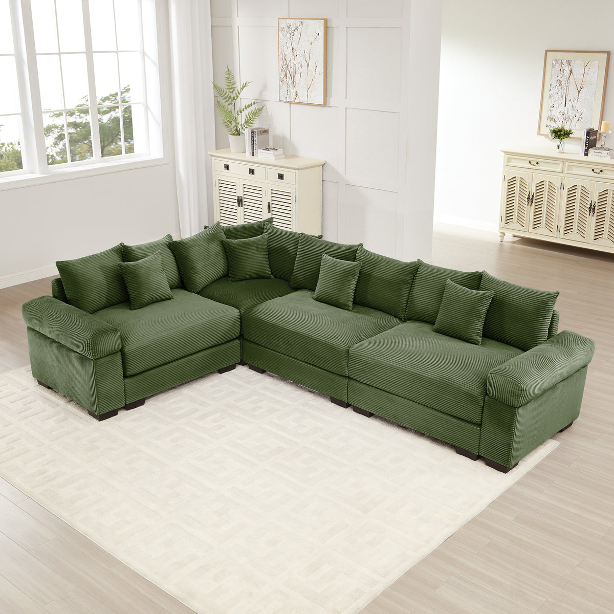 Green Corduroy Modular Sectional, 4-Seat
