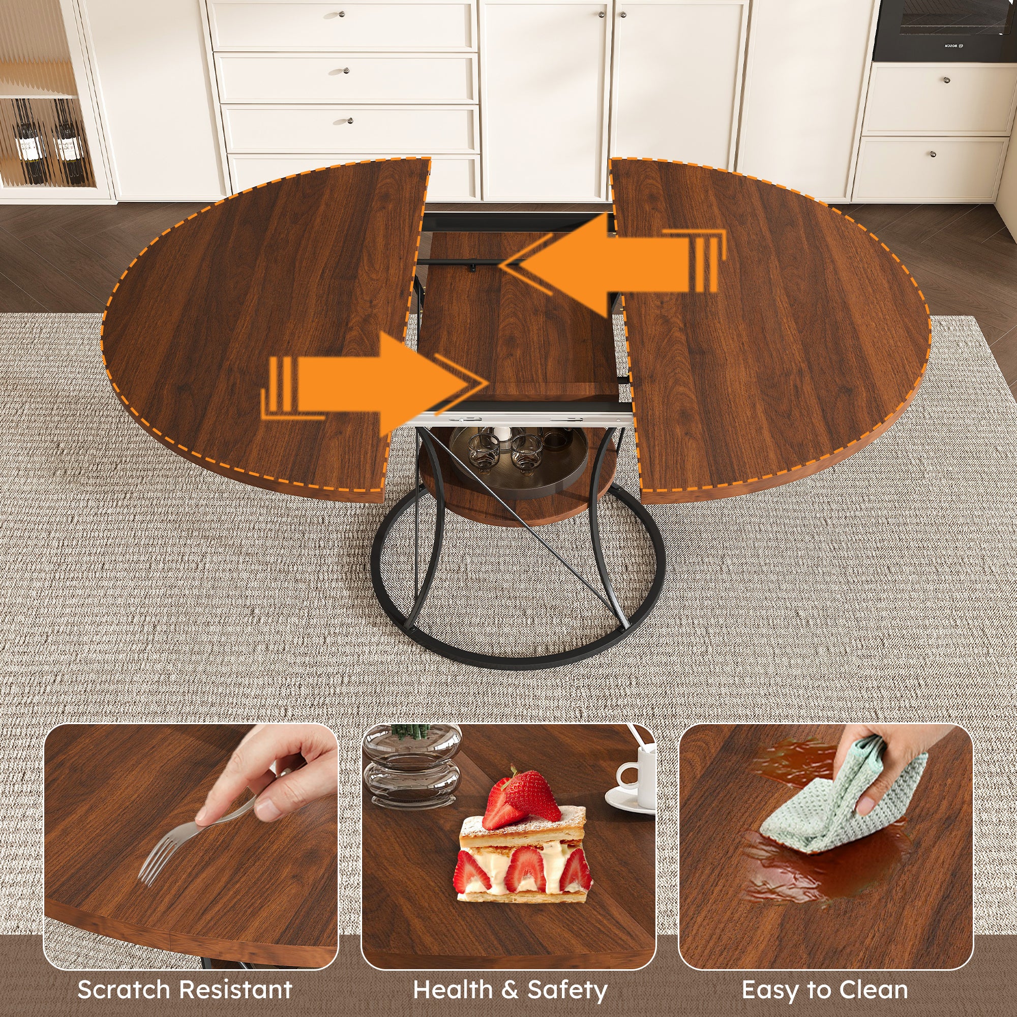Feature graphic with arrows showing the tabletop halves sliding apart, plus scratch and stain resistance insets