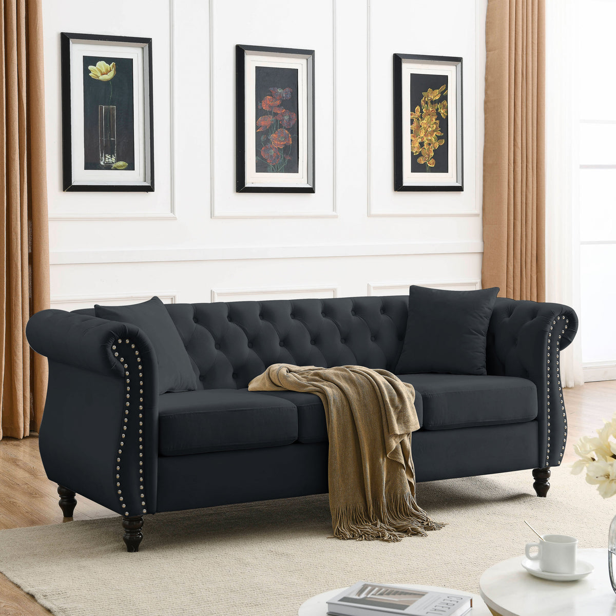 Black Velvet 3-Seat Chesterfield Sofa, 80 in Wide