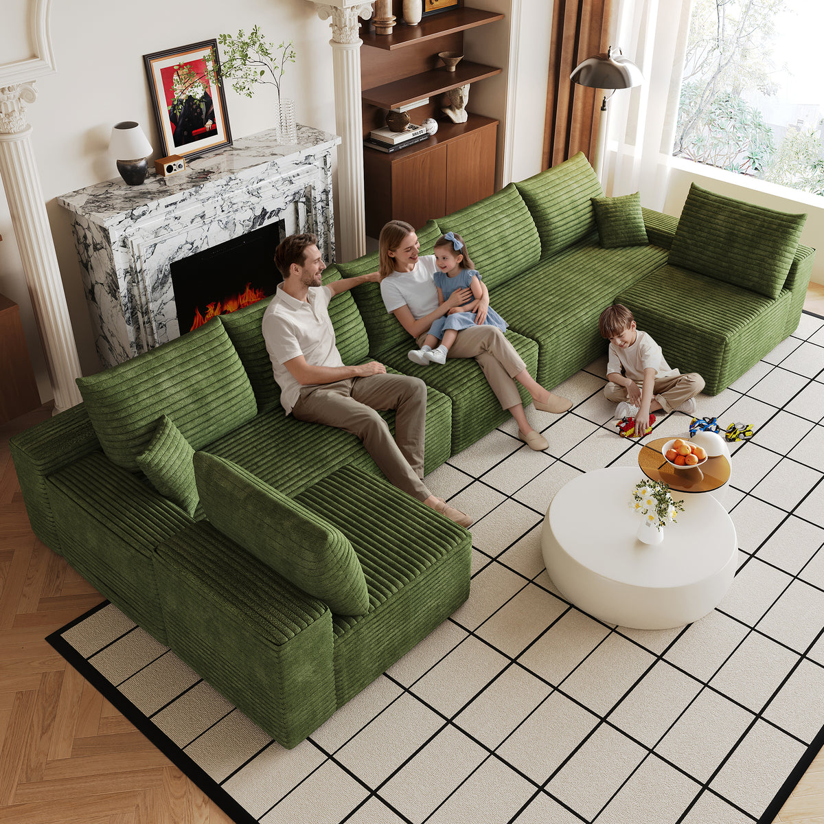 Green Corduroy U-Shaped Sectional Couch, No Assembly, 166 in Wide