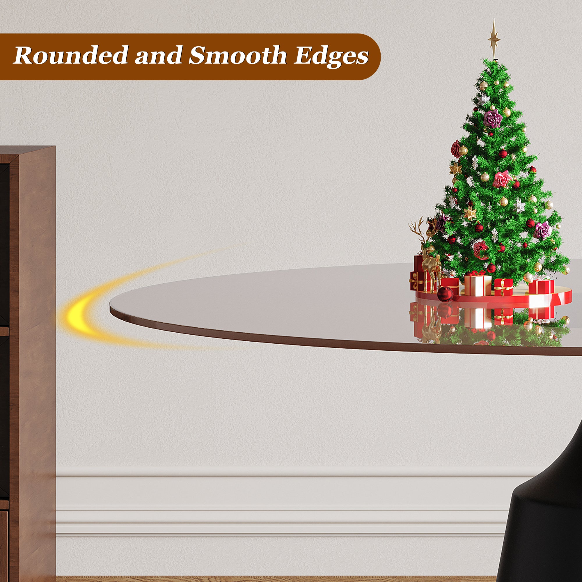 Feature graphic highlighting the rounded and smooth edges of the brown glass tabletop