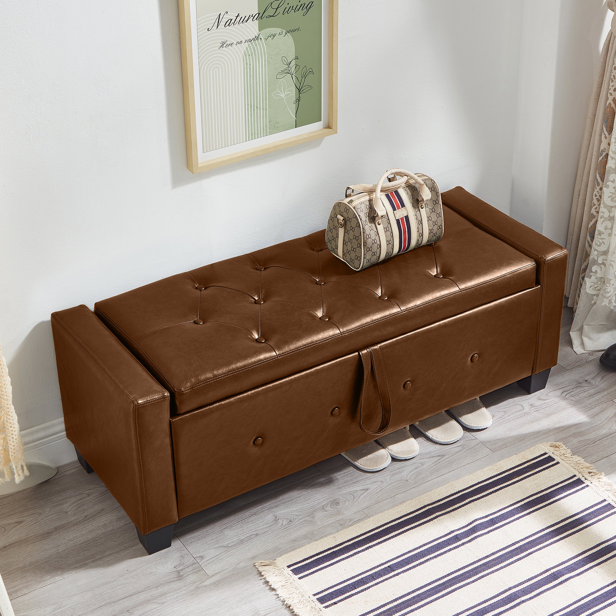 Vegan Leather Storage Bench 48 Inch, Brown Tufted Flip-Top