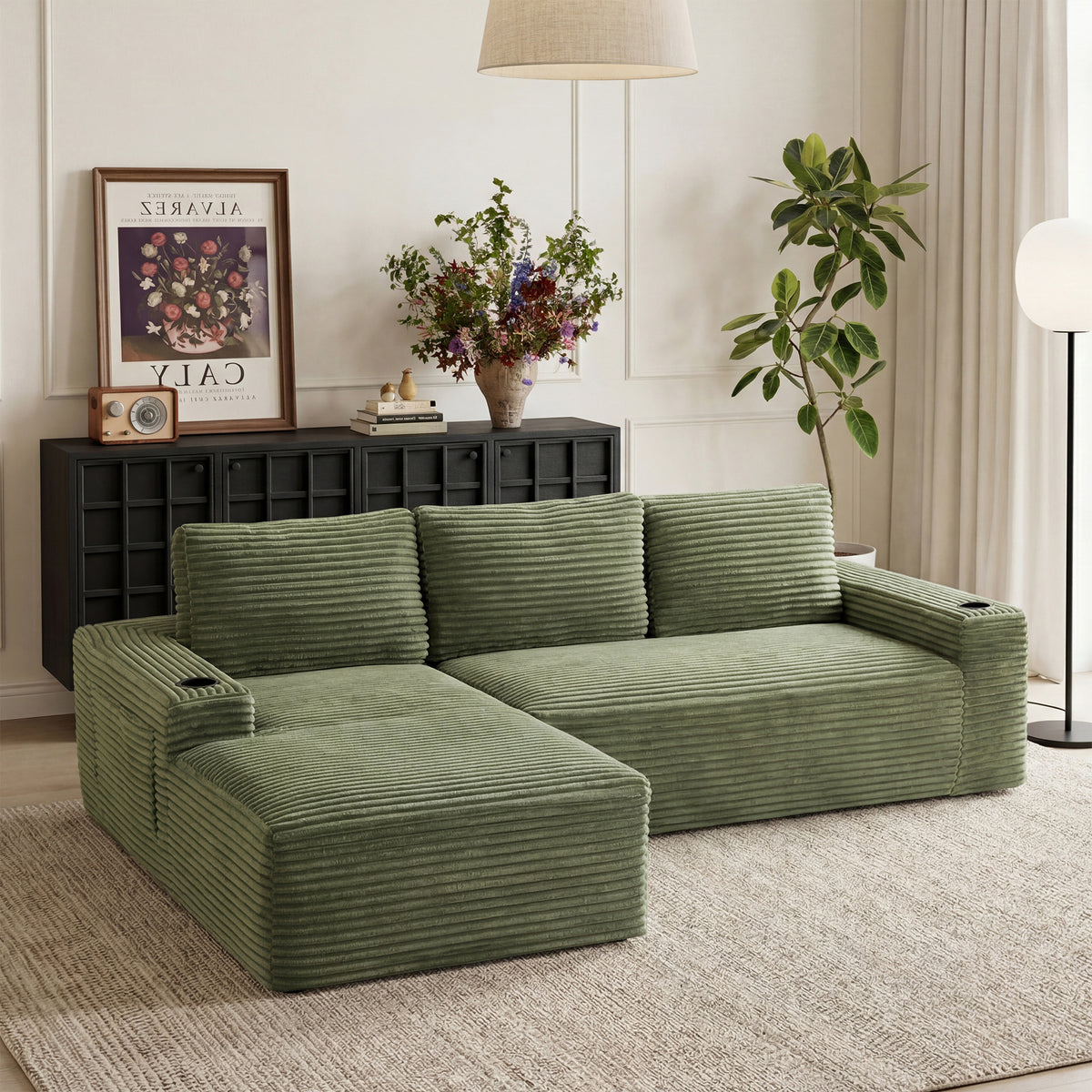 Green Corduroy L-Shaped Modular Sectional, 104.3 in Wide, Left-Facing