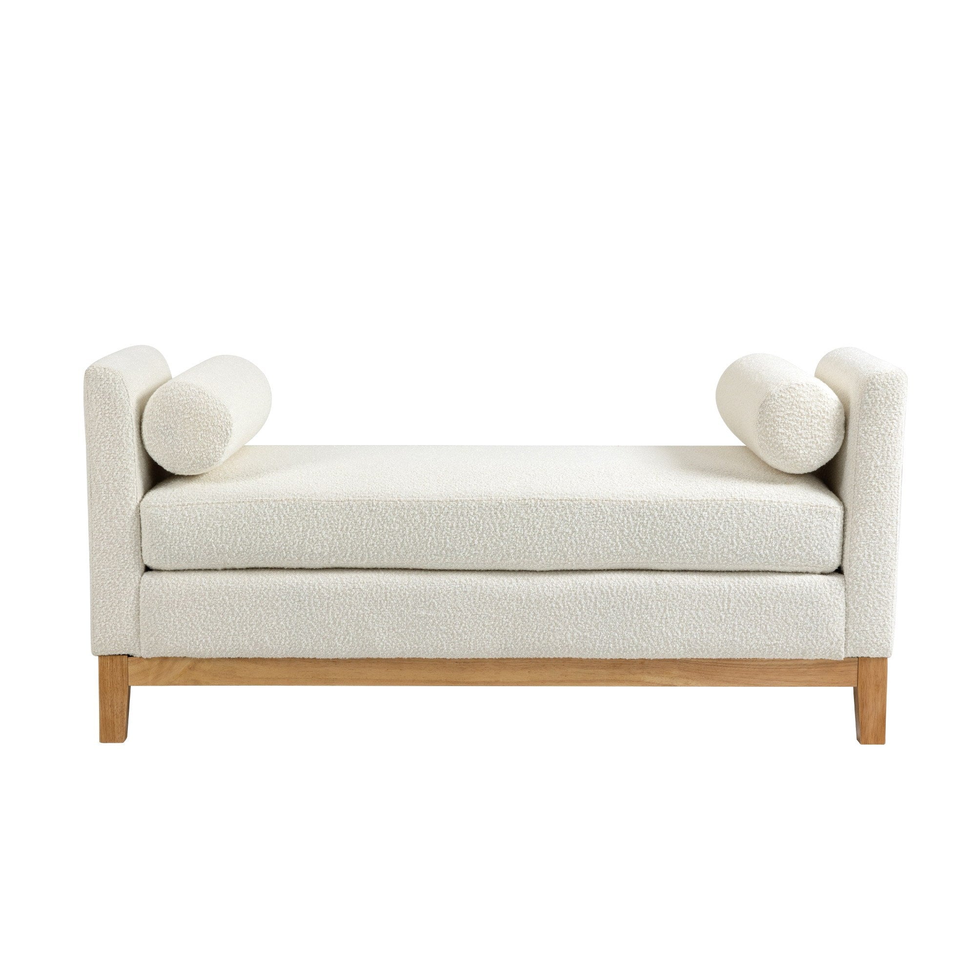 Boucle Bench 54 Inch, Ivory With Arms and 2 Bolster Pillows