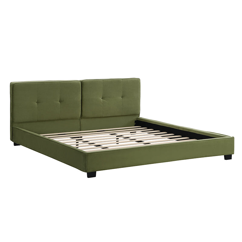 Olive green velvet king bed frame, opposite three-quarter angle view