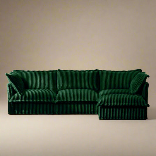 Fluffy Corduroy 3-Seat Sofa – Emerald with Ottoman, Washable