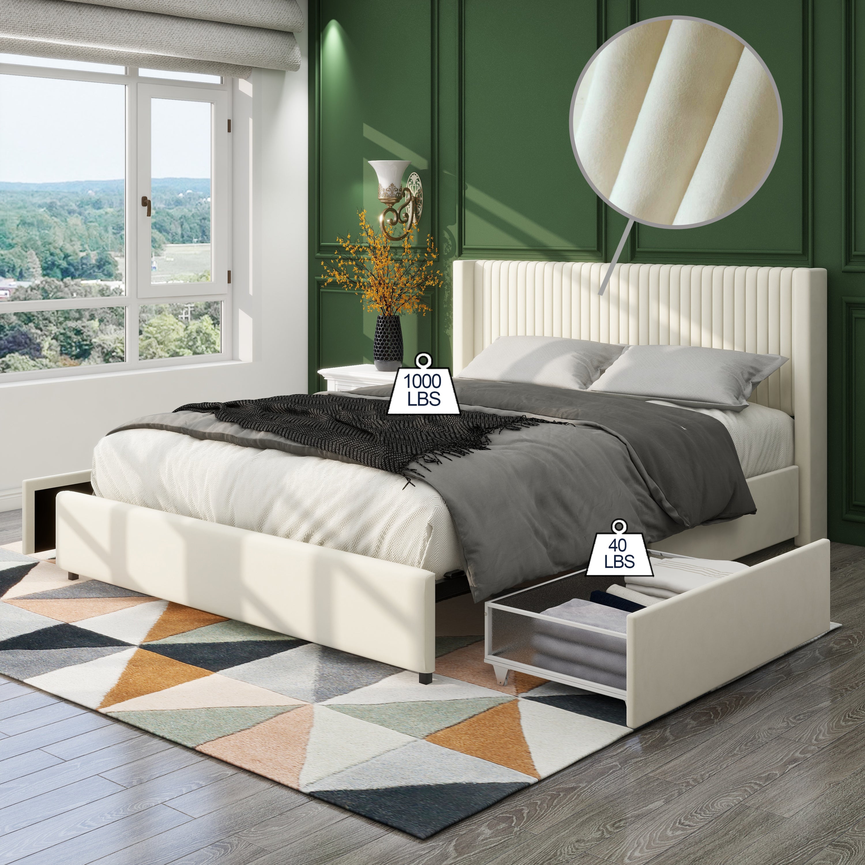 Ivory velvet storage bed with callouts for 1000 lb bed capacity, 40 lb drawer and a velvet fabric swatch