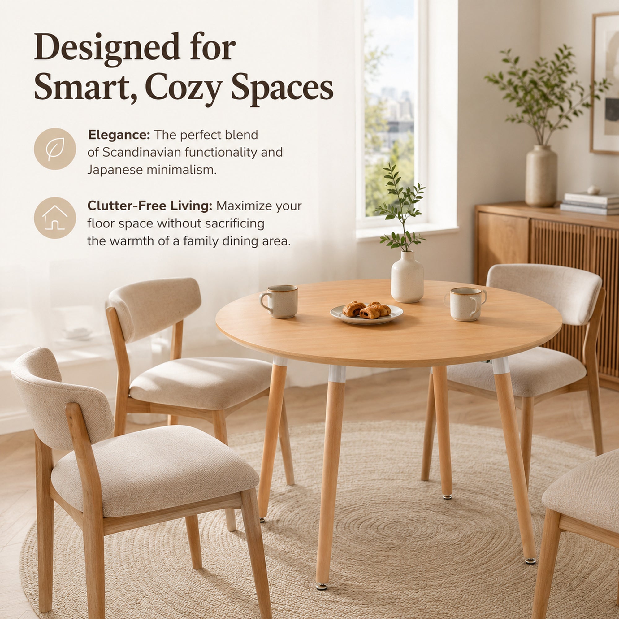 Round oak-look table in a cozy styled room with two mugs and pastries, feature graphic