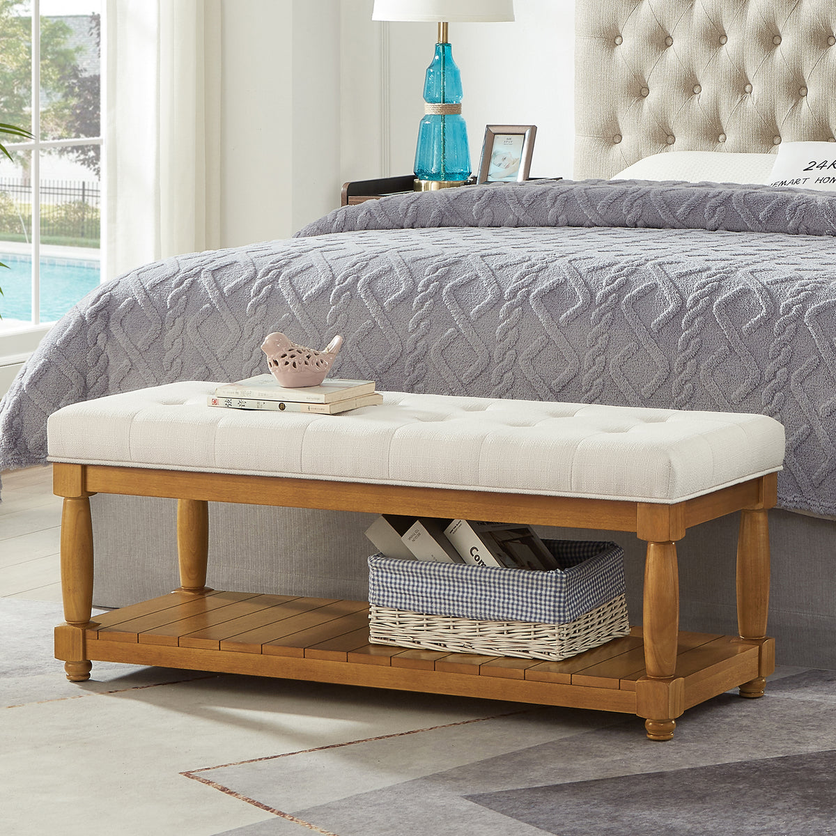 Ivory Linen Entryway Bench, 44.3 in Wide