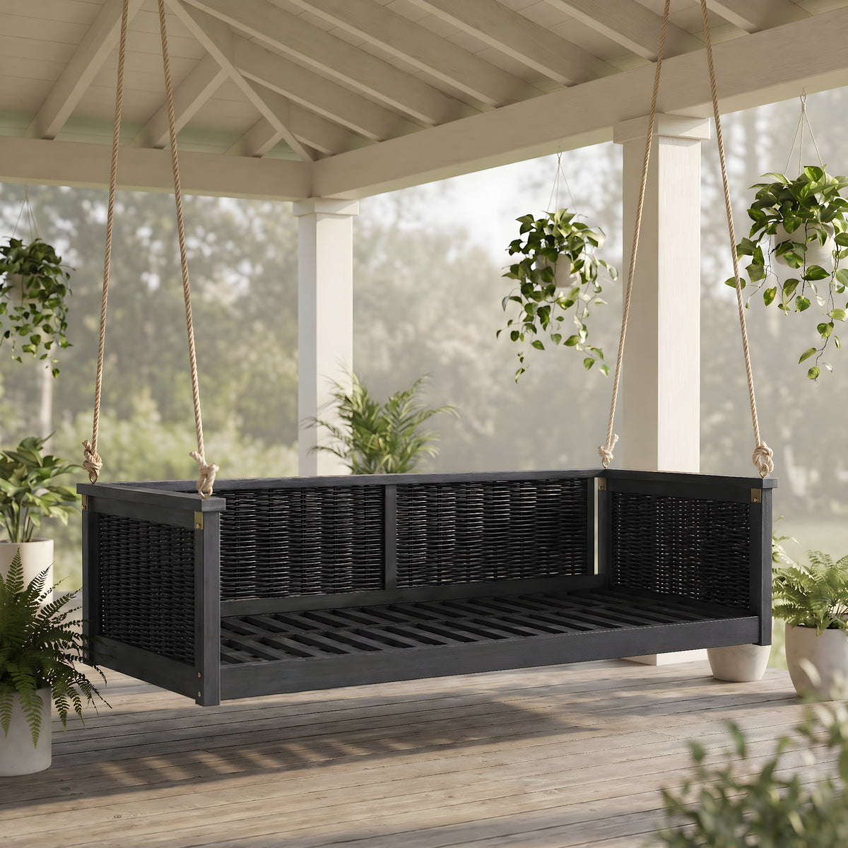 Black Solid Wood Porch Swing Bed