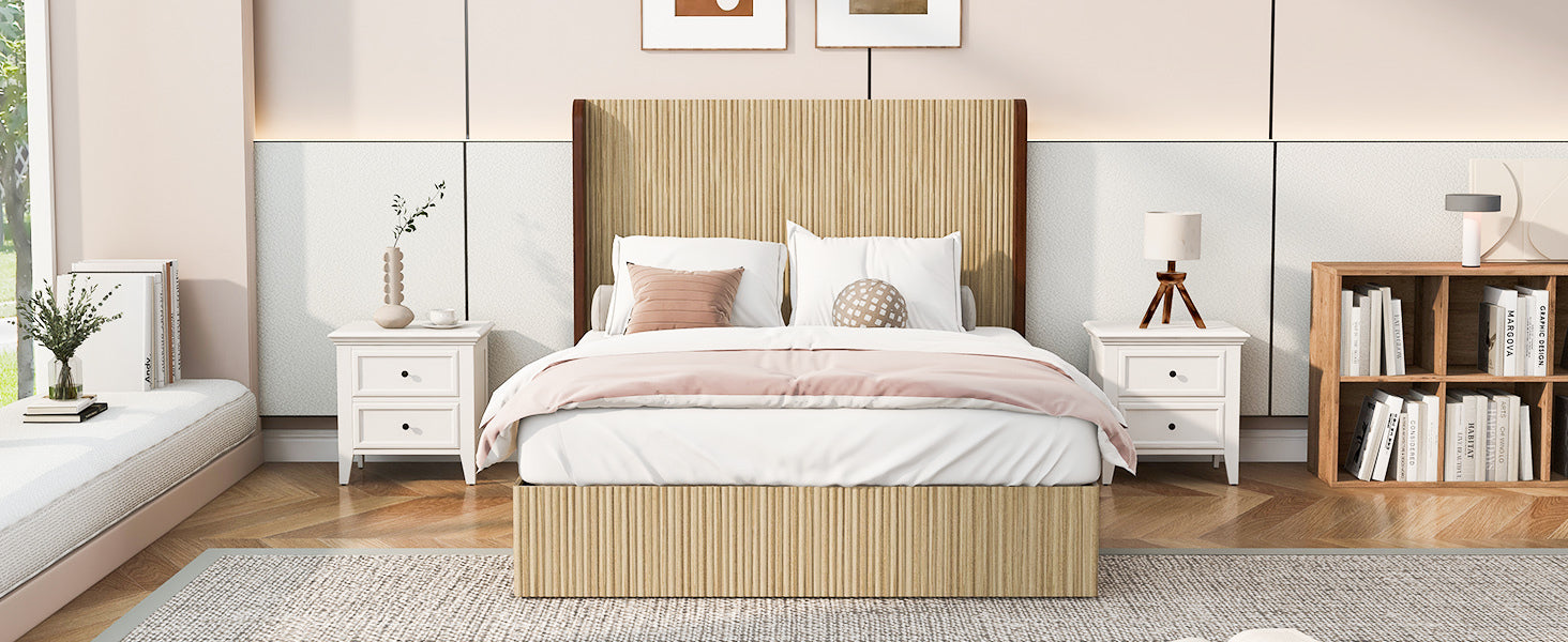 Front lifestyle view of the wooden bed frame queen with a tall vertical-grid wingback headboard and white bedding