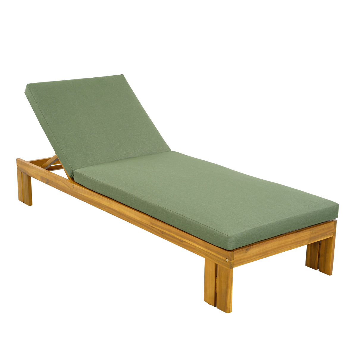Teak Finish Solid Wood Adjustable Outdoor Chaise Lounge with Green Cushions