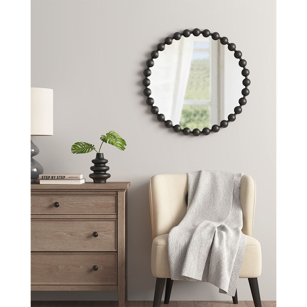 Beaded Round Mirror, 27 Inch Matte Black