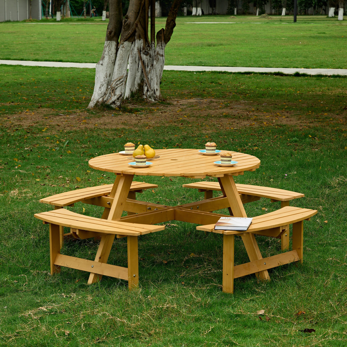Natural Solid Pine Round Picnic Table with Umbrella Hole, 70.1 in Wide