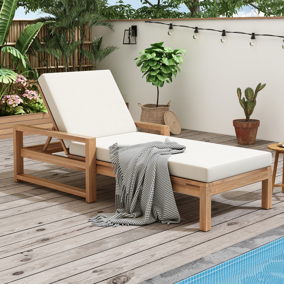 Teak Finish Solid Wood Adjustable Outdoor Chaise Lounge with Beige Cushions