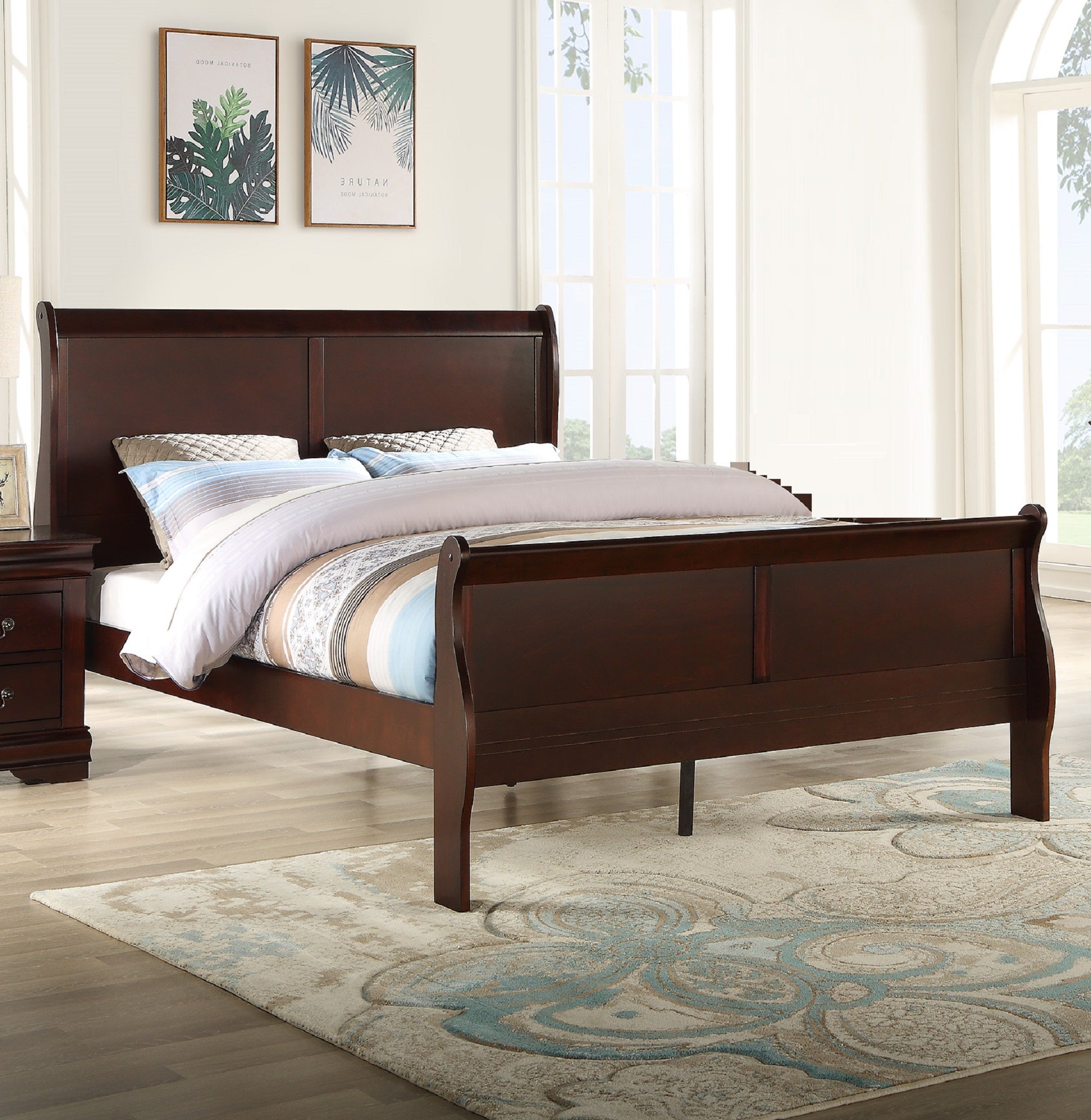 Solid Wood King Sleigh Bed Frame, Cherry Finish