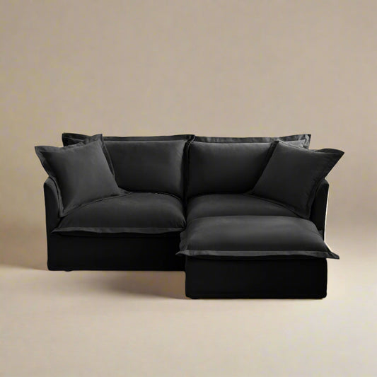 Fluffy 2-Seat Chenille Modular Sofa – Black with Ottoman, Washable