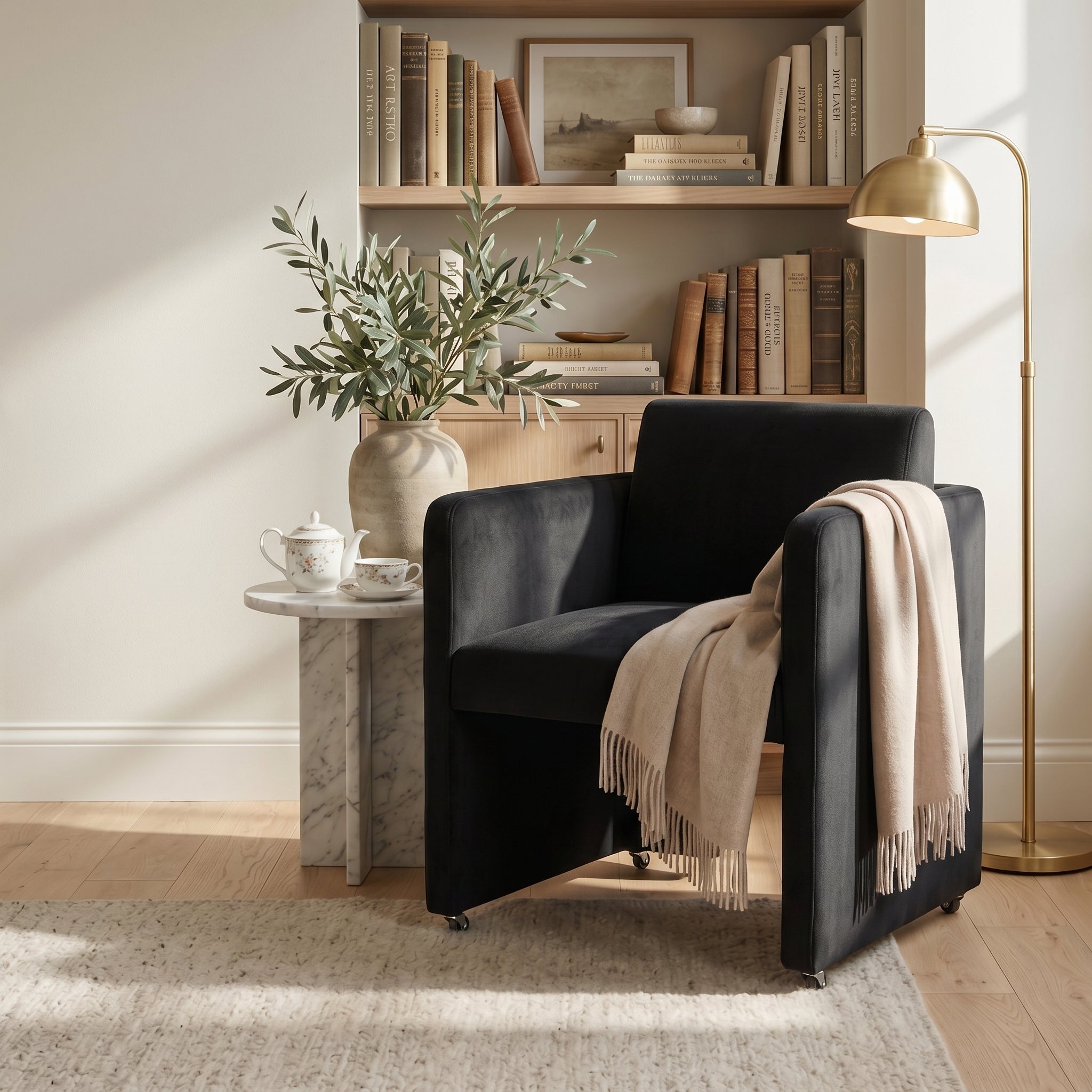 Barrel Dining Chair with Arms, Black Velvet on Casters