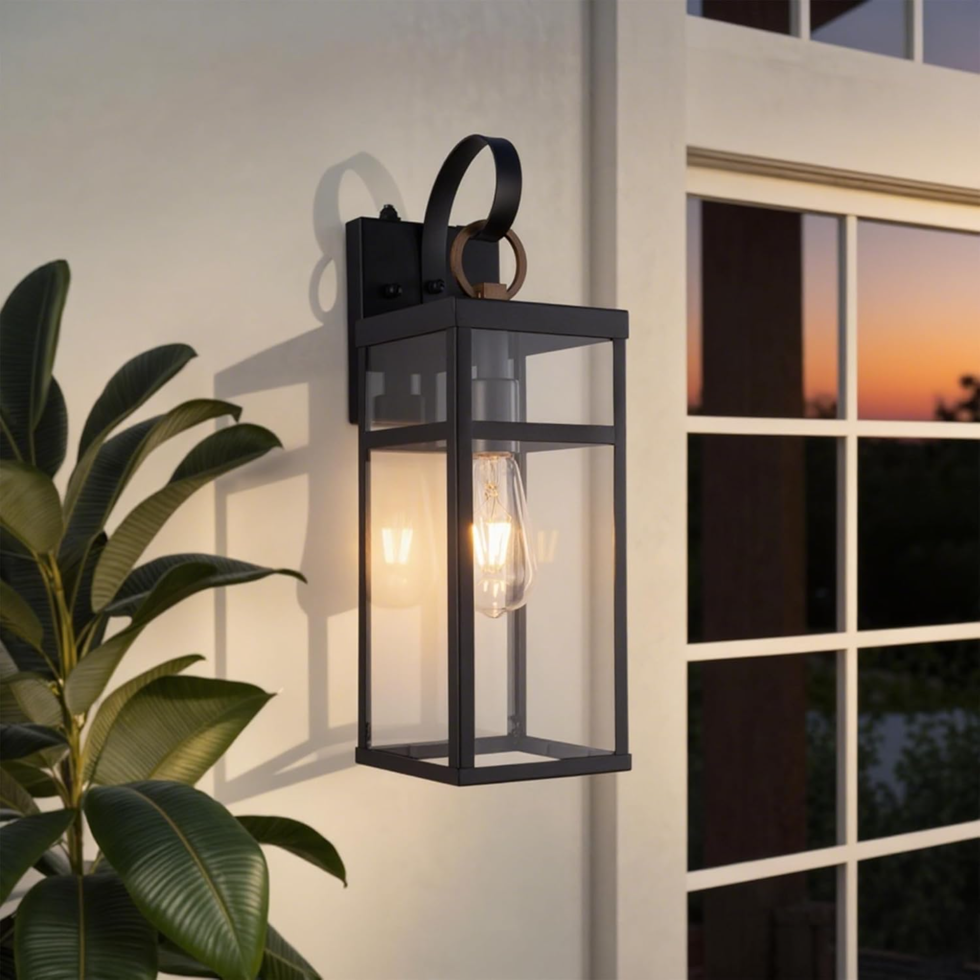 Outdoor Wall Sconce with Dusk-to-Dawn Sensor, Clear Glass, Black