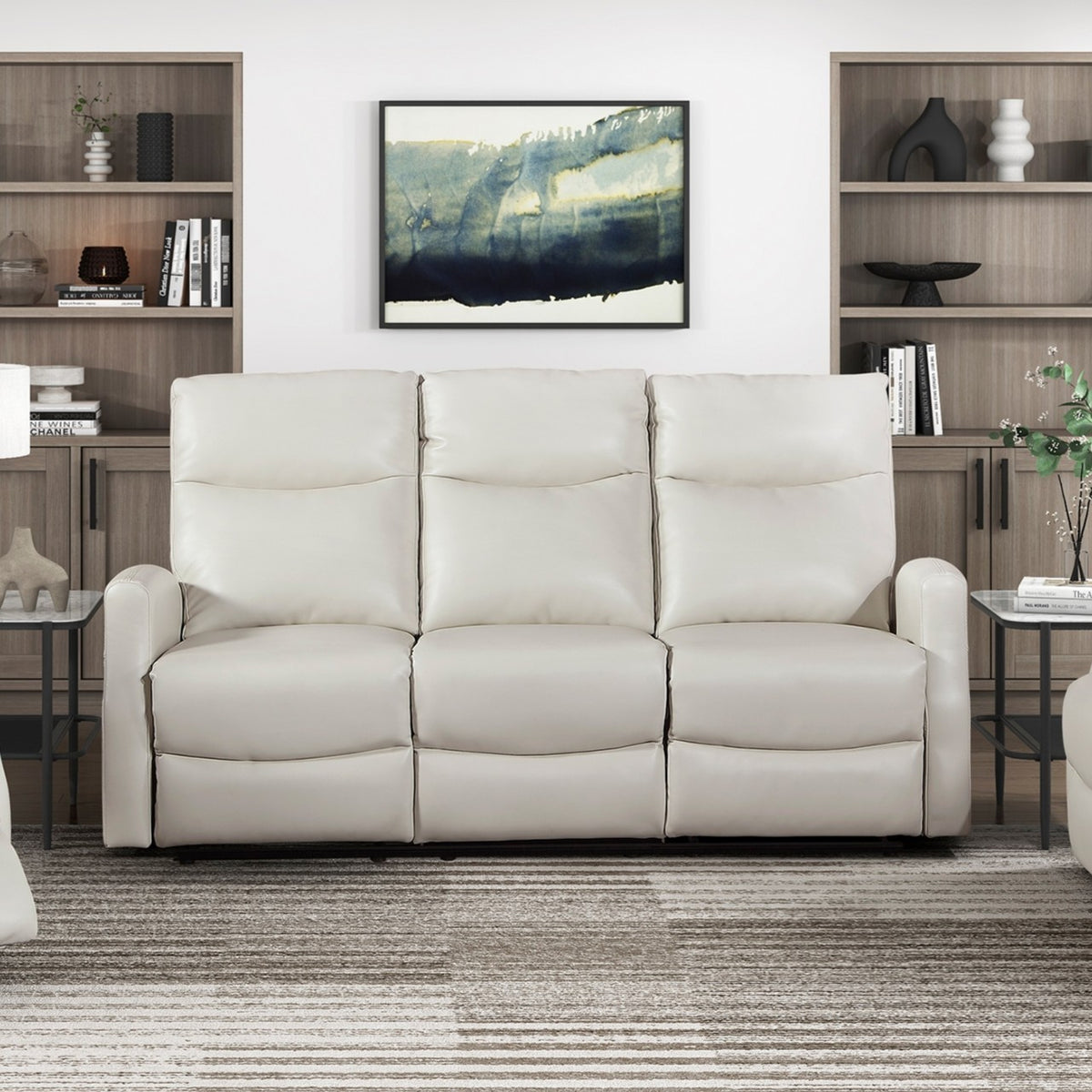 Beige Vegan Leather Reclining Sofa, 71 in Wide