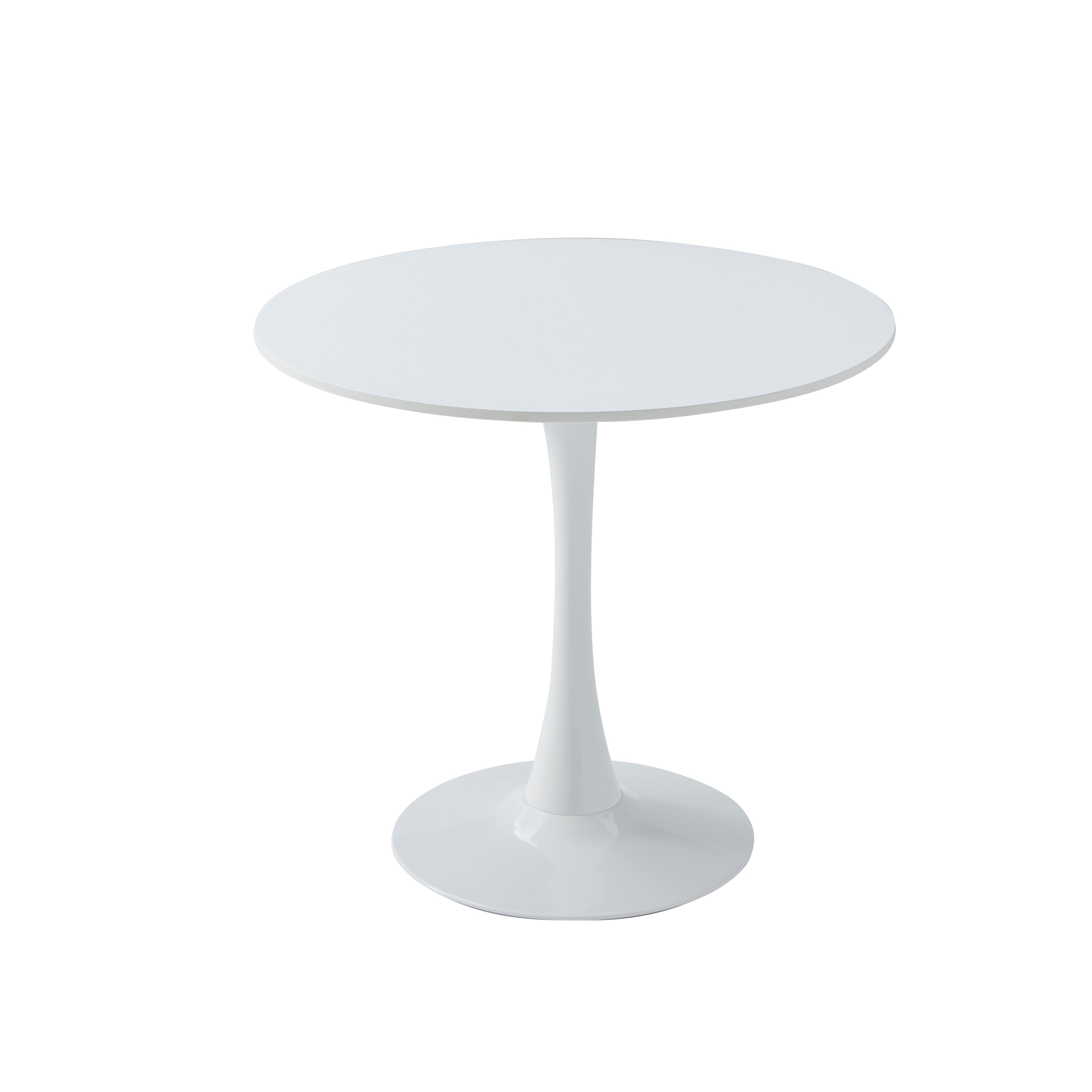 White modern round dining table with tulip pedestal base, front view on white
